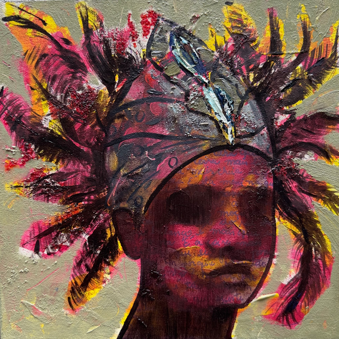 Portrait with headdress — oil on board — Régis Souto