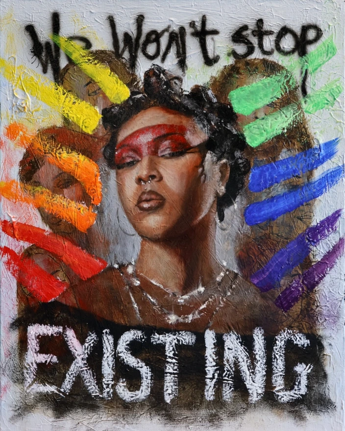 Régis Souto — Existing (featuring Ms. Myles) — Pride 2026 — Mixed Media on Canvas — 16 × 20 in