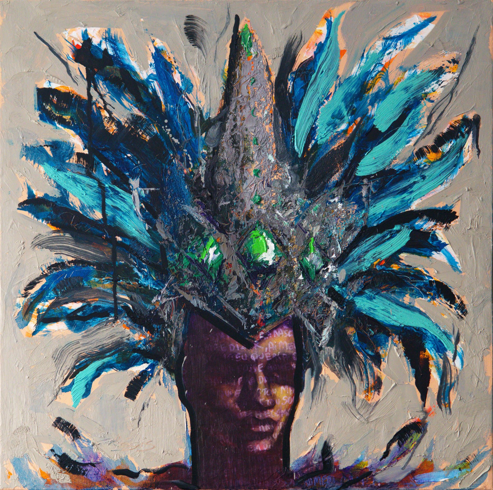 Carnival — a figure crowned in blue and teal feathers, song lyrics veiled under oil. From the Brazil Poems series by Régis Souto.
