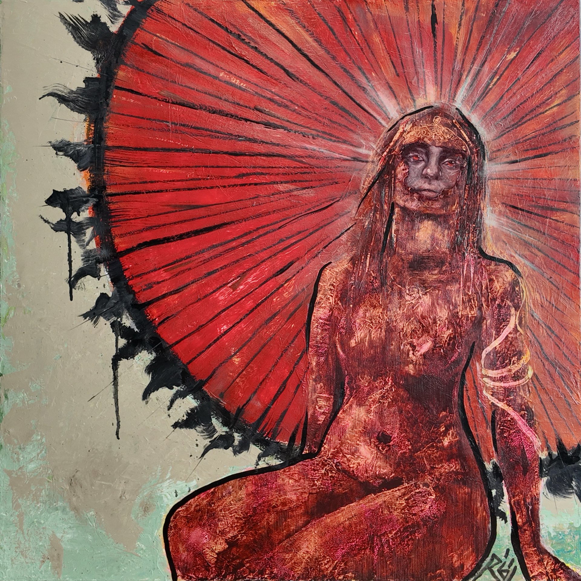 Stone Woman — a seated figure before a red parasol, black contour lines on a sand-grey ground.