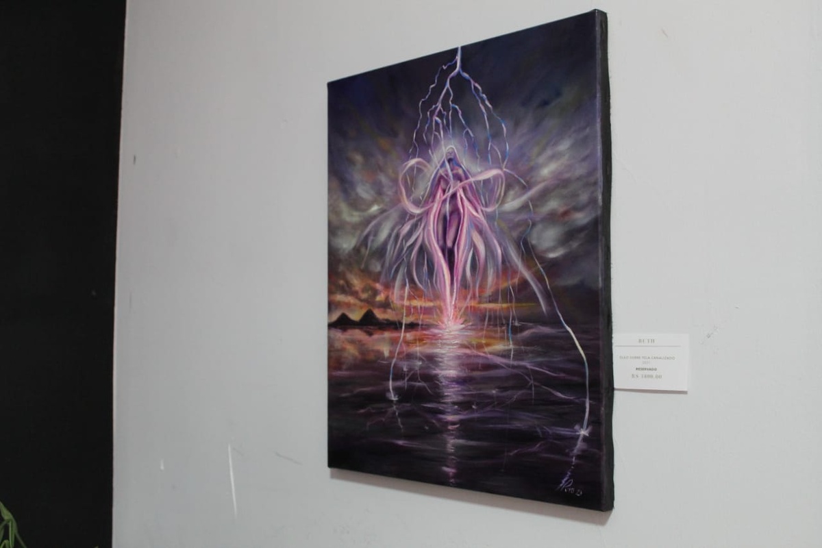 Painting of a figure struck by lightning over water, shown in 2021