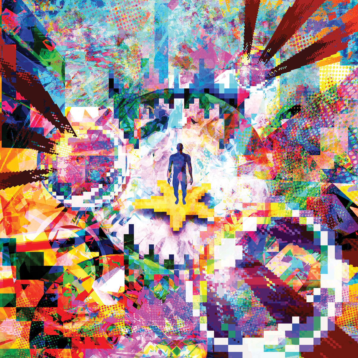 Digital collage by Patrick Stevens: a small blue figure at the centre of an explosion of pixel blocks and saturated colour