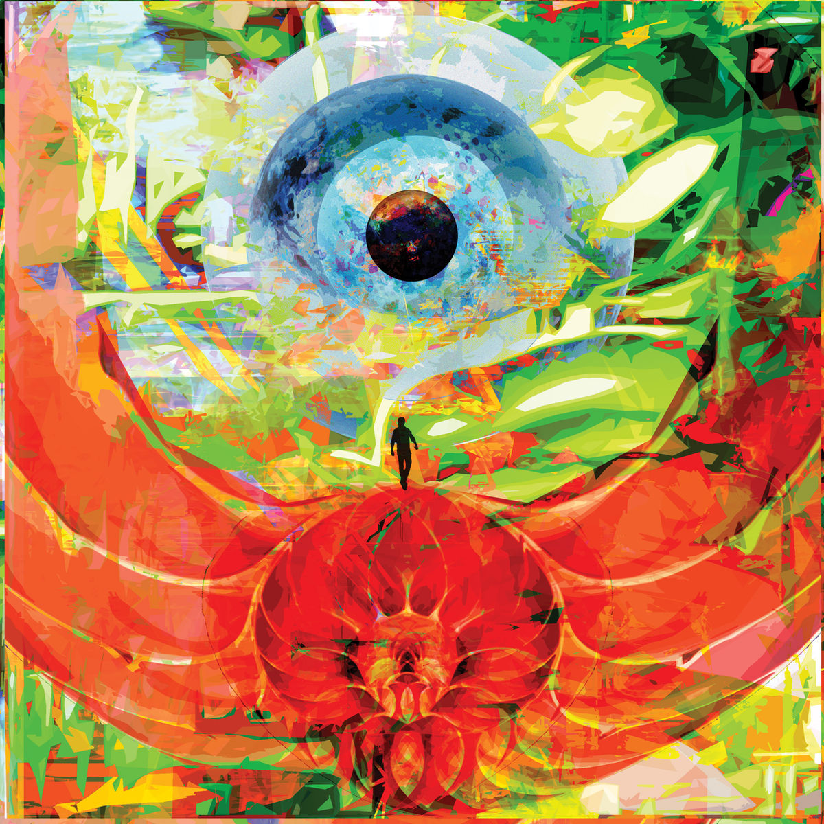Digital collage by Patrick Stevens: a huge eye over a red flower, a tiny figure standing between them