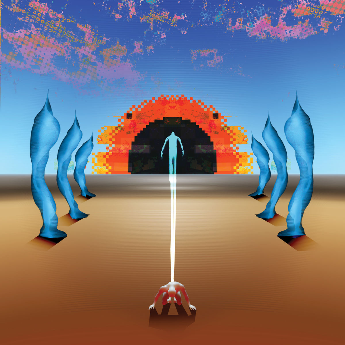 Digital collage by Patrick Stevens: a lone figure walking toward a pixelated arch in a desert