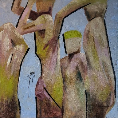 Collective Body by Régis Souto: four elongated figures reaching upward and pressed together against a pale blue ground