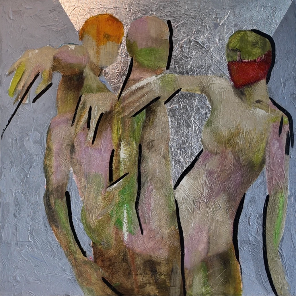 Invitation by Régis Souto: three standing figures, arms over each other's shoulders, against a silver textured ground