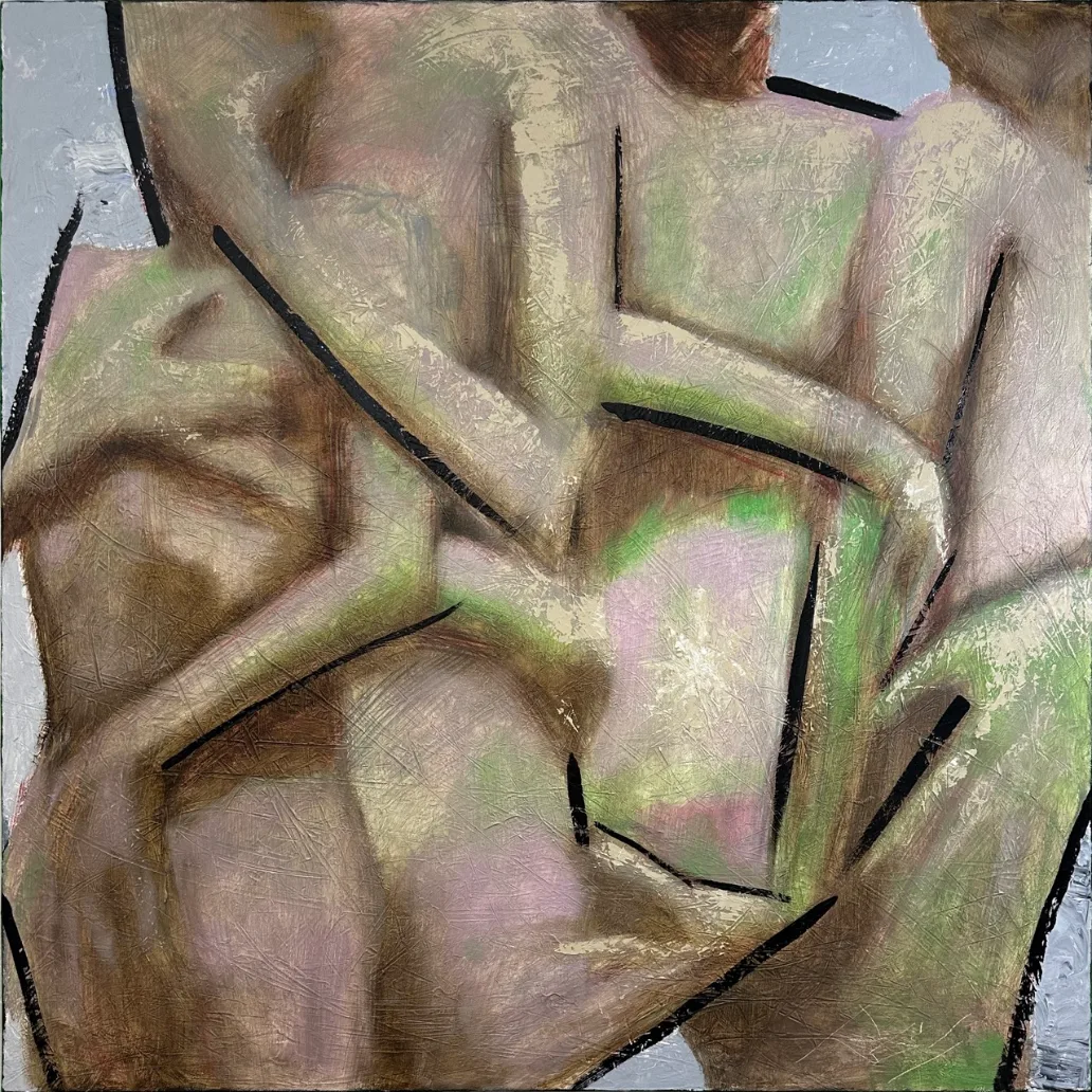 Splenic: overlapping bodies and arms around one torso with black contour lines