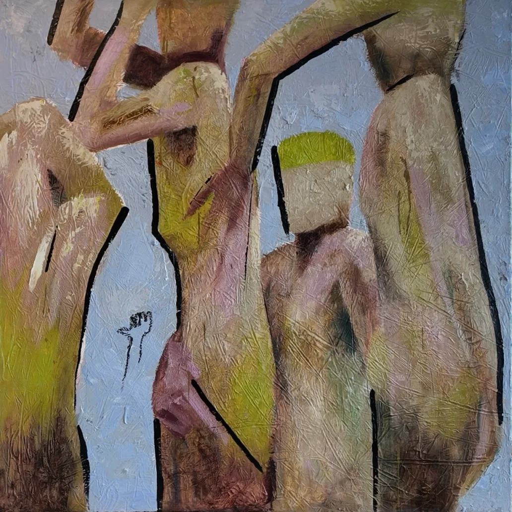 Collective Body: four close figures with their arms reaching upward against pale blue